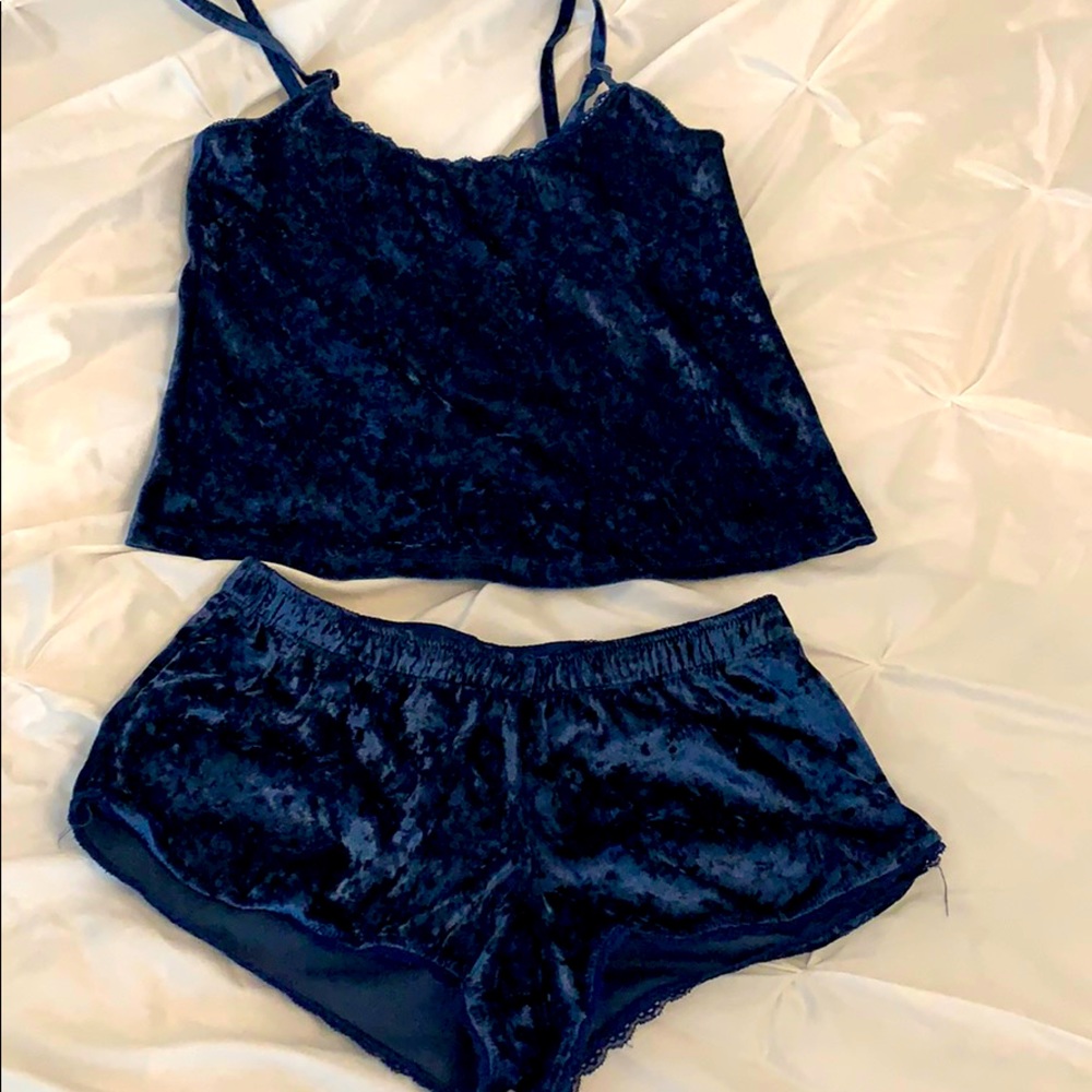 Dark blue velveteen sleep shorts set